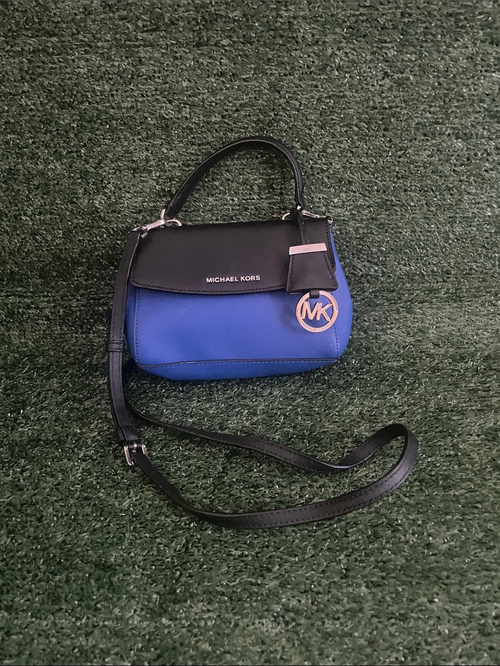 MICHAEL KORS Ava Saffiano Leather Satchel Crossbody Bag Black & Royal Blue